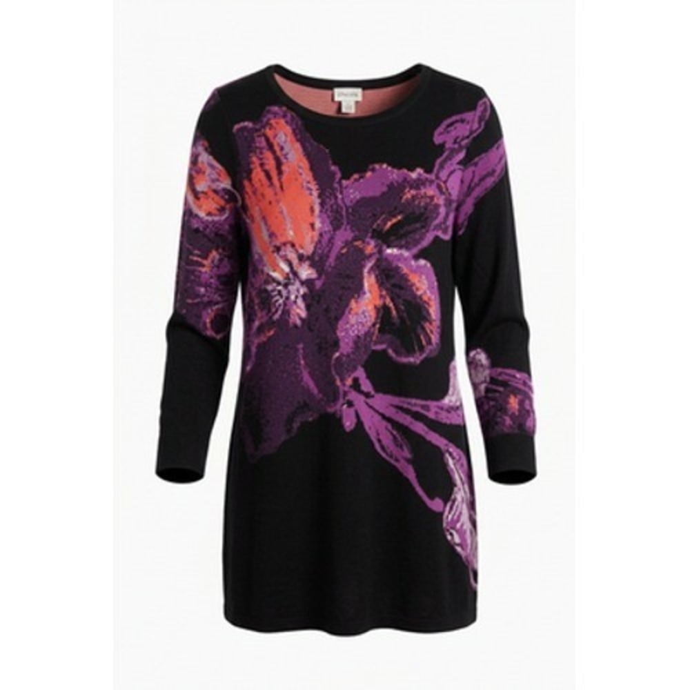 Chico's Artsy Sweater Tunic Women XXL Black Purple Floral Knit Fall Festive Top